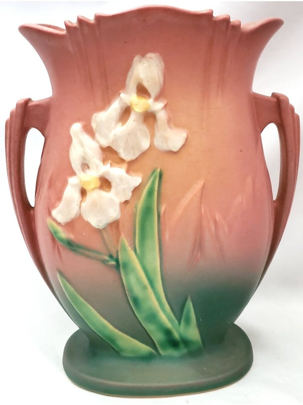 Vintage ROSEVILLE VASE 922-8 Double Handle Pink Iris 8" hi art deco 1930s CRAZED
